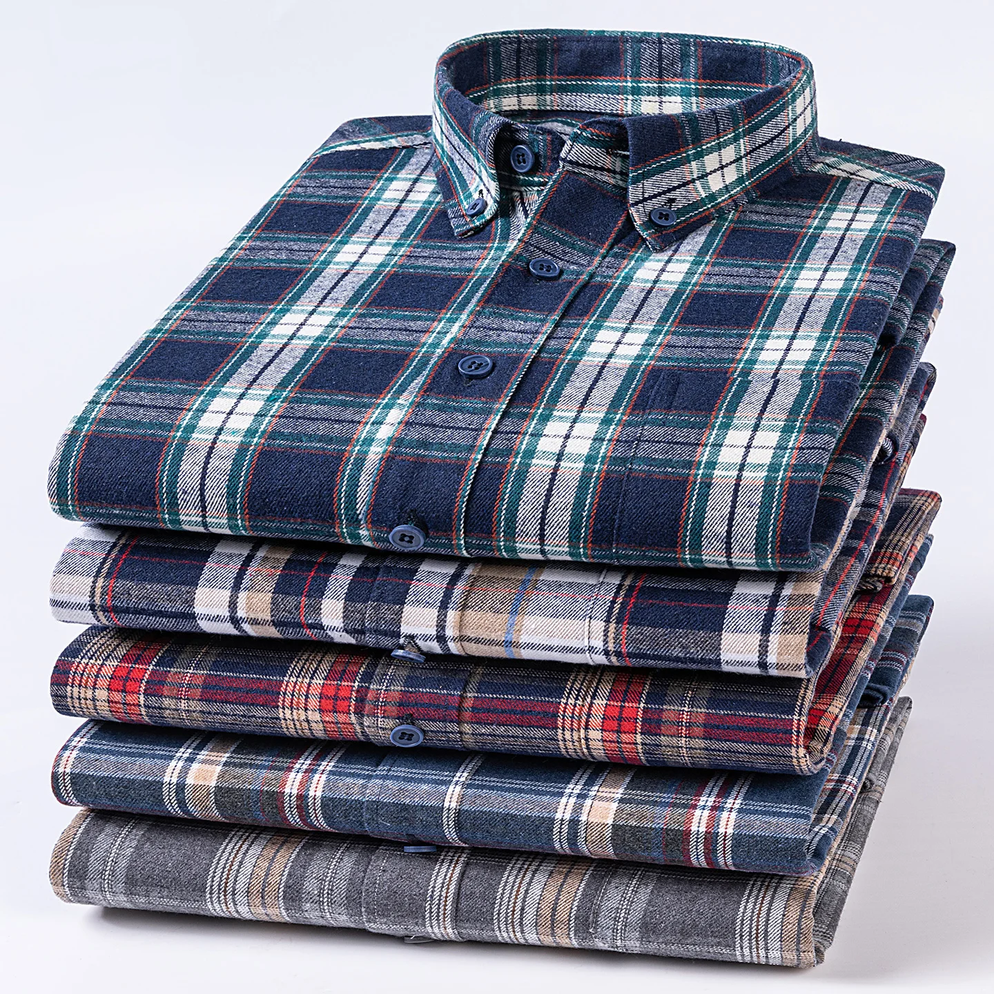 

Plus size 7xl 100%cotton brushed long sleeve shirts for men plaid casual soft tops single pocket vintage designer clothes