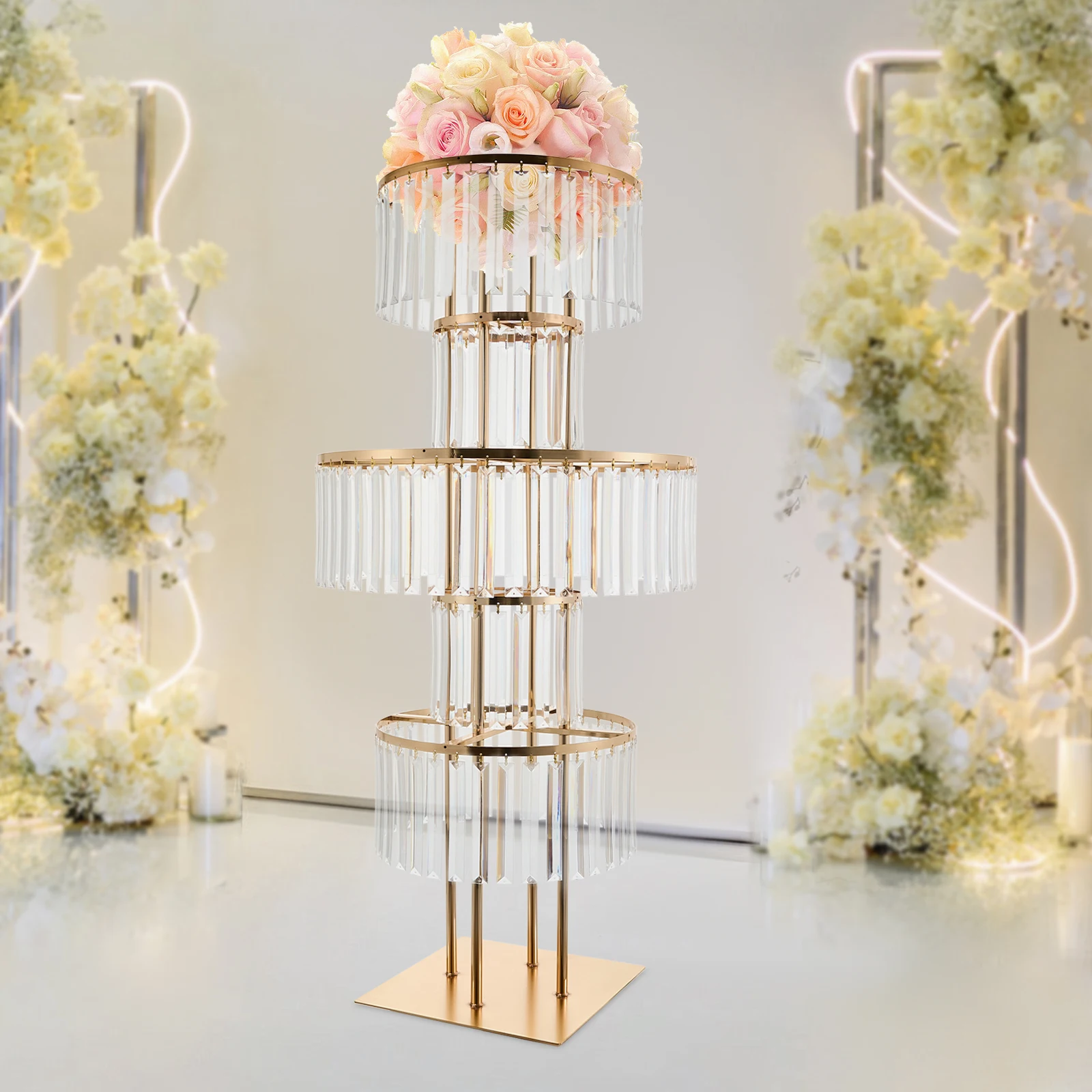 

5 Tiers Flower Stand, Clear and Gold, Crystal Flower Stand for Wedding Centerpieces Decor
