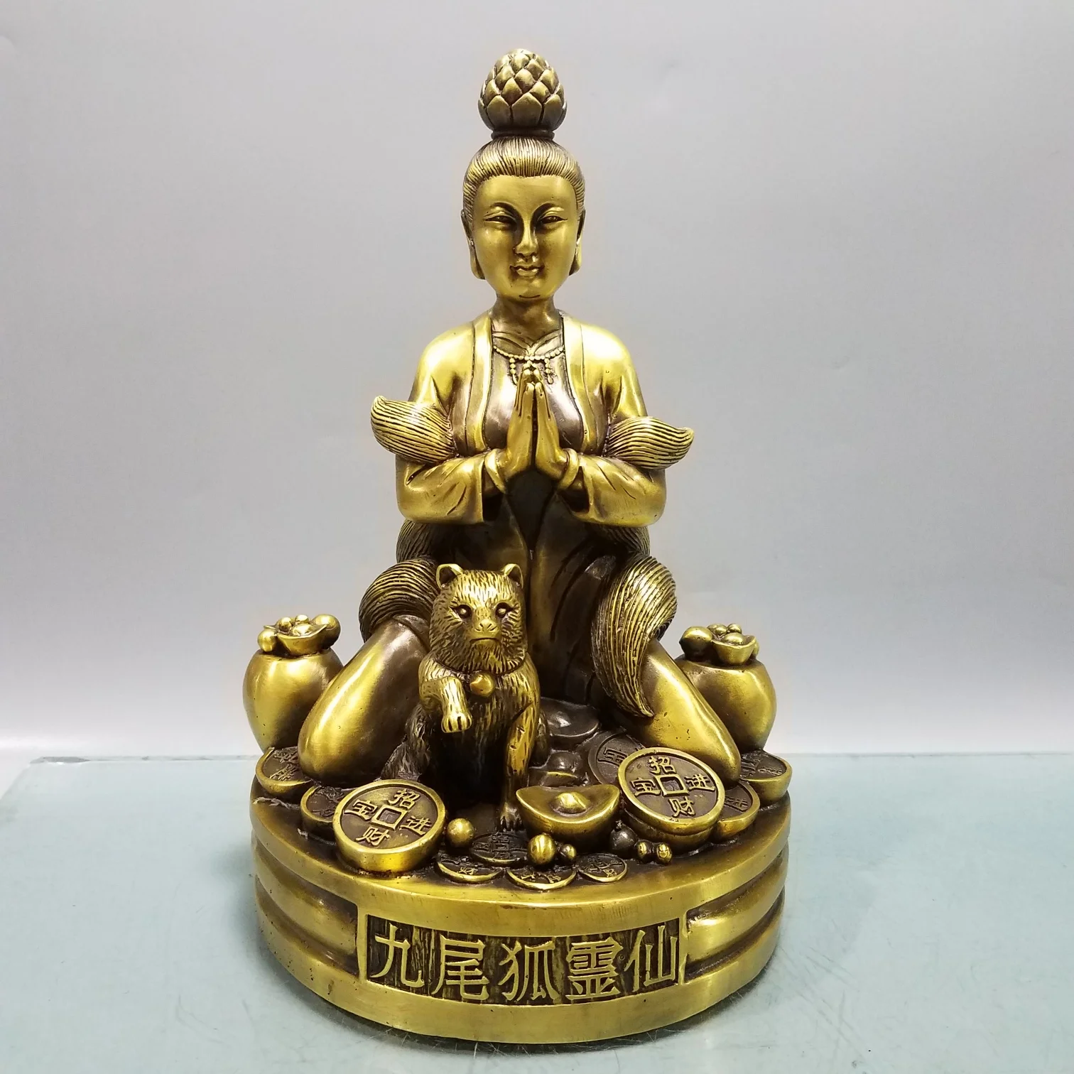 

11"Tibetan Temple Collection Old Bronze Cinnabar Nine Tailed Fox Immortal Statue Yuanbao Gourd Statue Worship Hall Town house