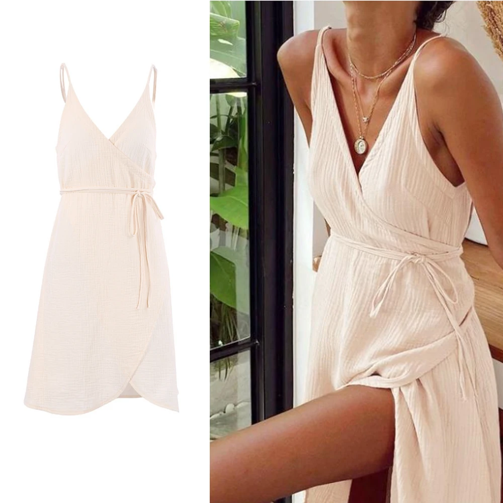 DriftWear Vestido lencero con cuello en V para mujer, 100% de algodón, camisola con lazo en la cintura, vestido elegante con dobladillo dividido, ropa de casa para oficina