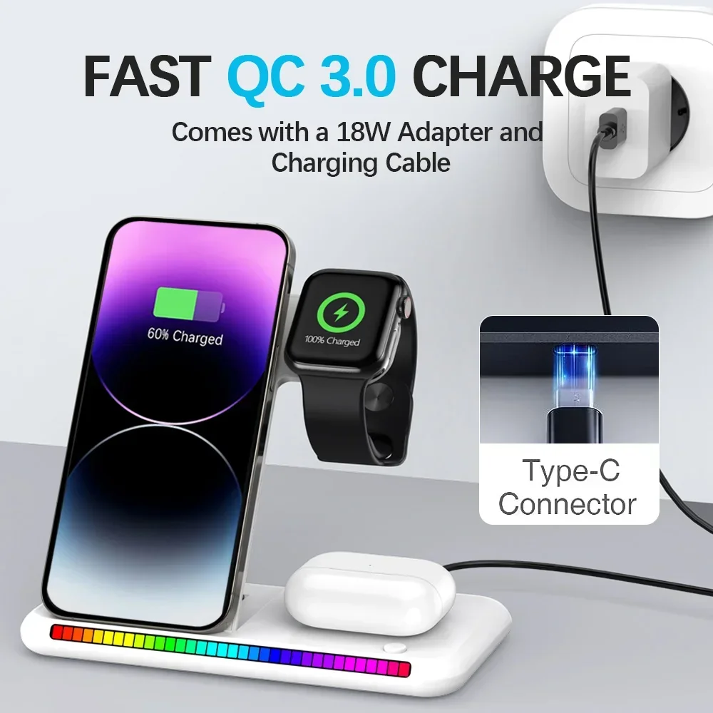 100W Fast Wireless Charger LED 3 ใน 1 สถานีชาร์จแบบพับได้สําหรับ iPhone 16 15 14 13 12 Apple Watch 9 8 7 6 Airpods Pro