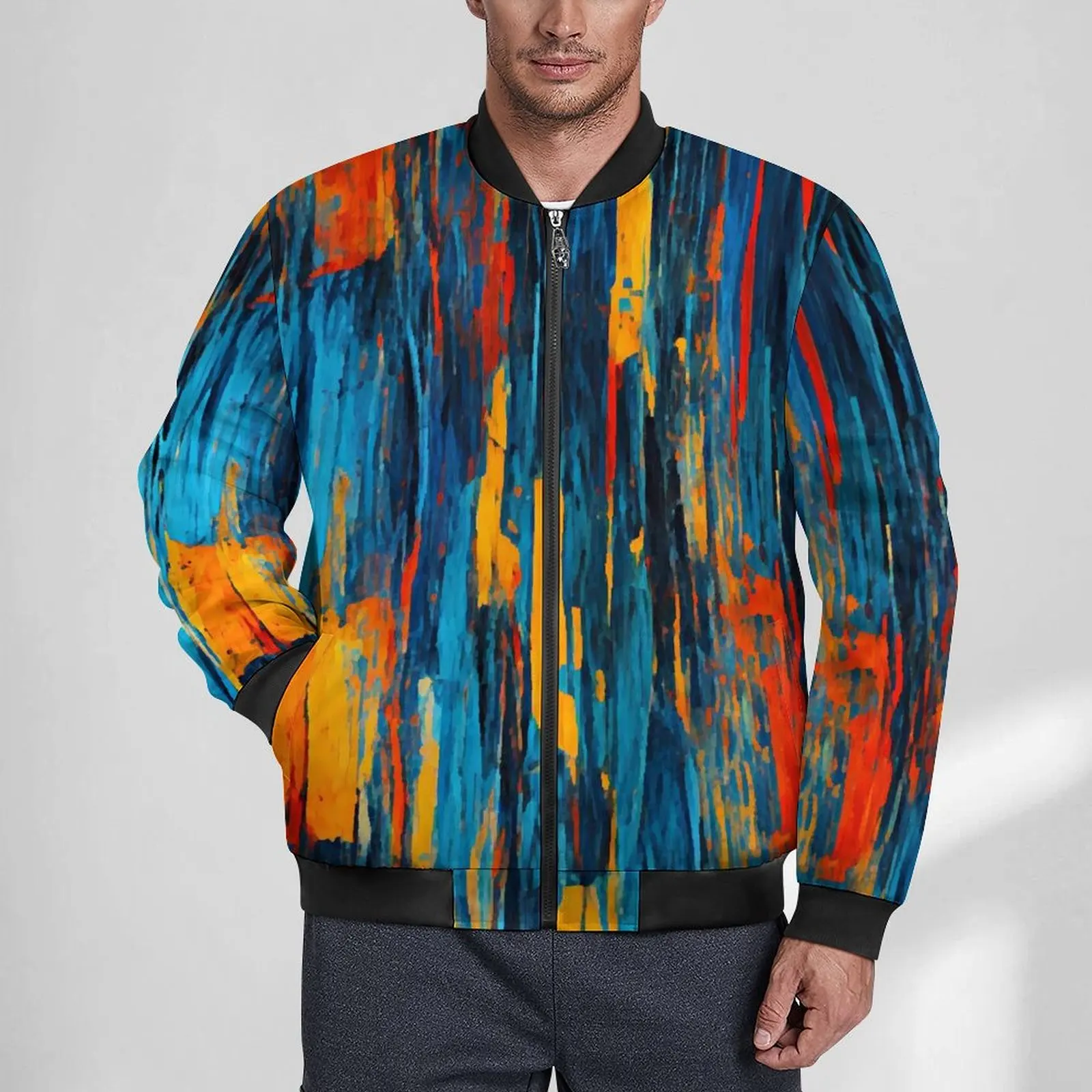 Blue Yellow Red Brush Jackets Man Abstract Liquid Autumn Coats With Pockets Casual Windbreak Custom Loose Jacket Big Size 6XL