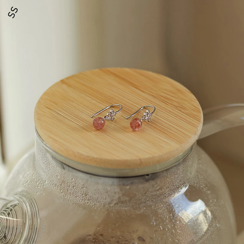 Sweet Girl-pendientes colgantes de cuentas de cristal de fresa Natural para mujer, gancho para la oreja, tachuelas S925, accesorios de ropa de invierno/otoño