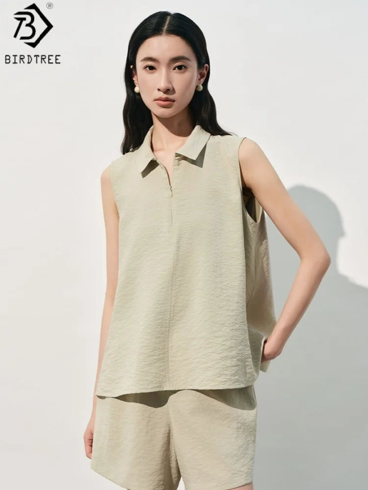 

Блузка Birdtree, 80% натуральный шелк, 20% нейлон, без рукавов, с отложным воротником, женская дышащая однотонная свободная рубашка, новинка весны 2026, T63707JF