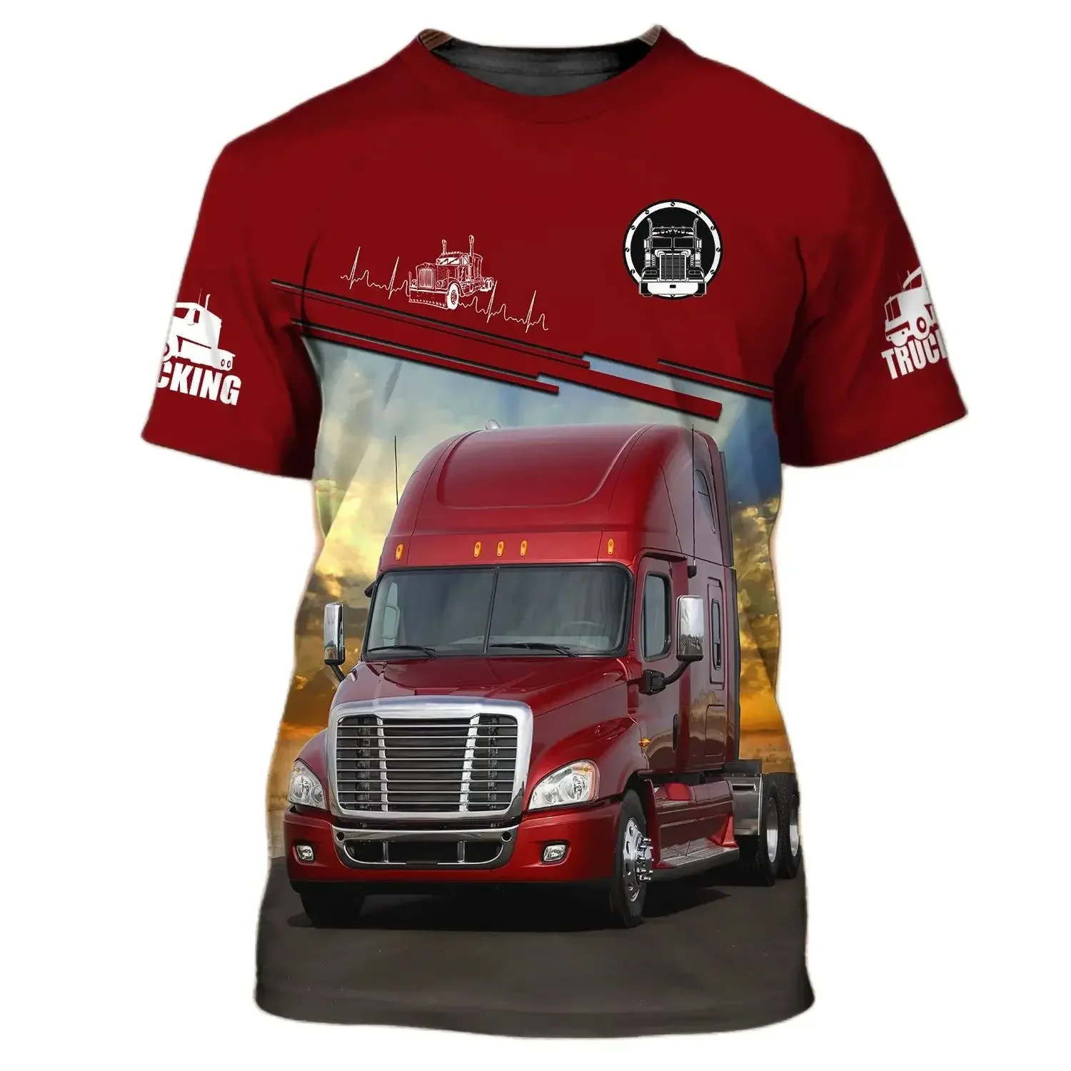 

Summer Personality Tough Guy Wind Truck 3D Pattern Men's Short Sleeve T-shirt Van Driver Work Quick Dry Loose O-neck Street Top