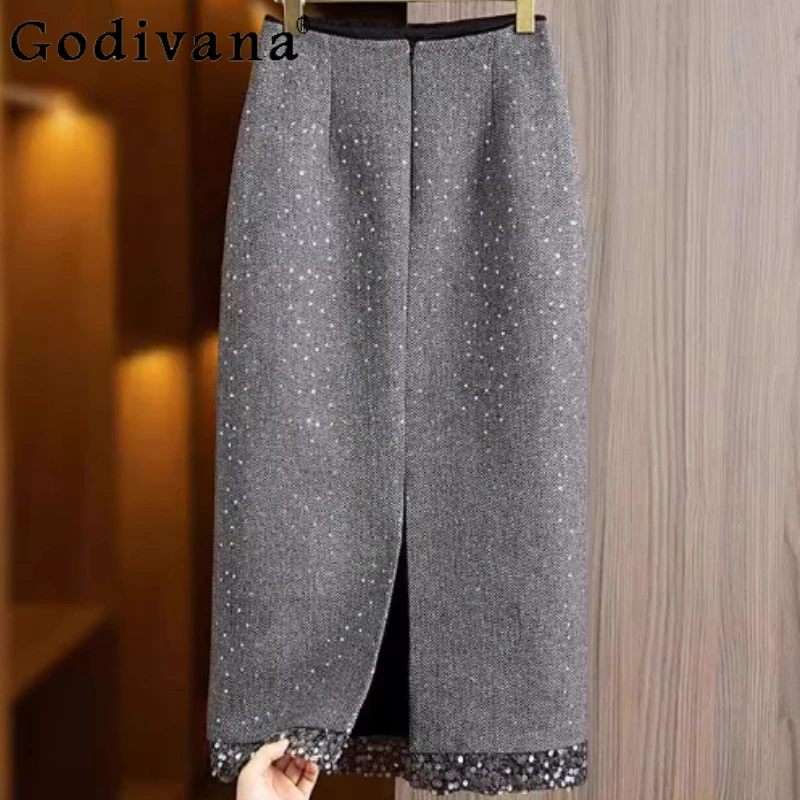 

Большой размер, женская весенне-осенняя новая темпераментная юбка трапециевидной формы с высокой талией и блестками, элегантные универсальные сексуальные юбки средней длины с разрезом