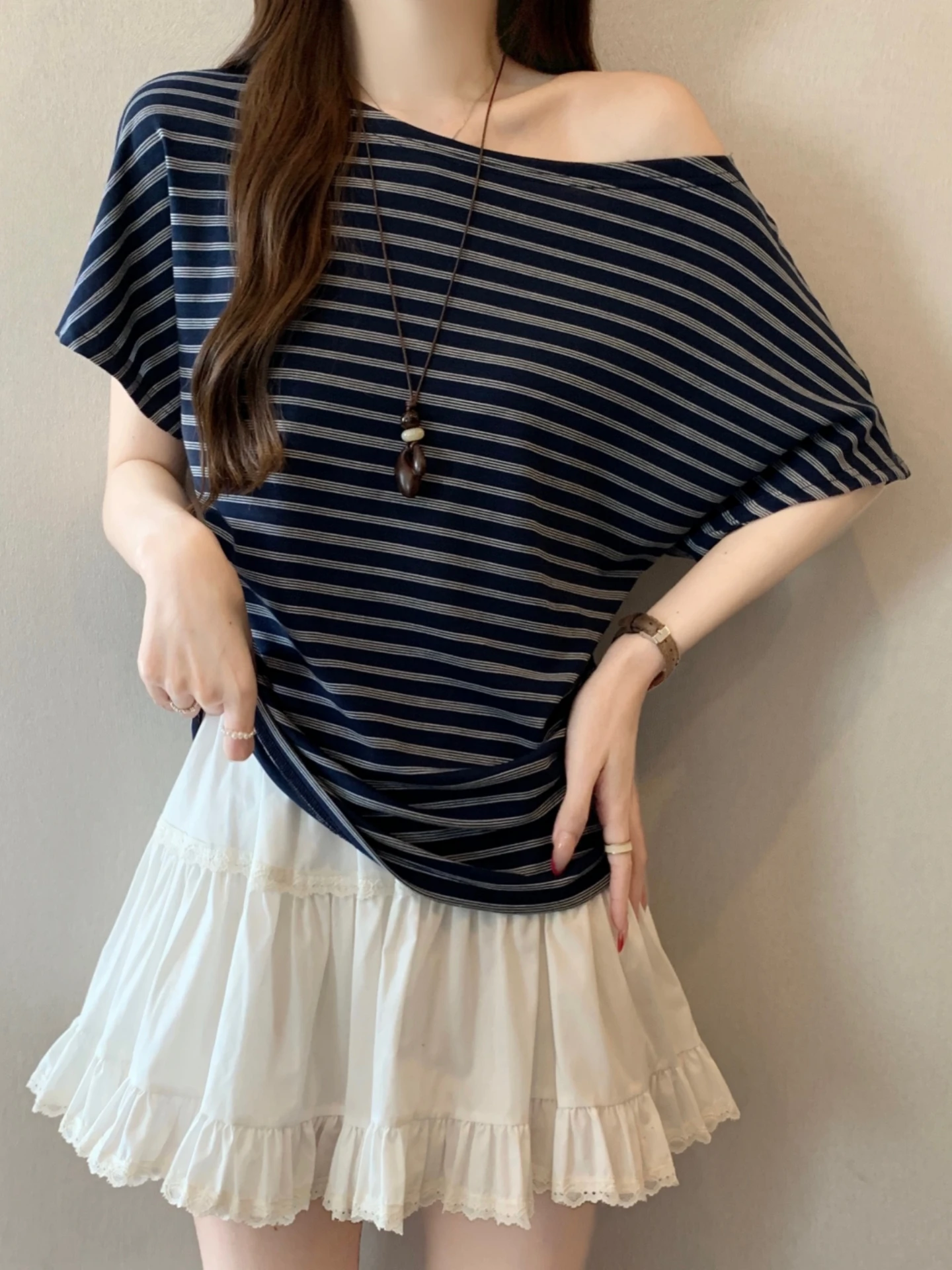 Shoulder Bared Striped Short Sleeve T Shirt Women Summer 2026 Large Size Slimming Stylish Beautiful Base Layer Small Shirt