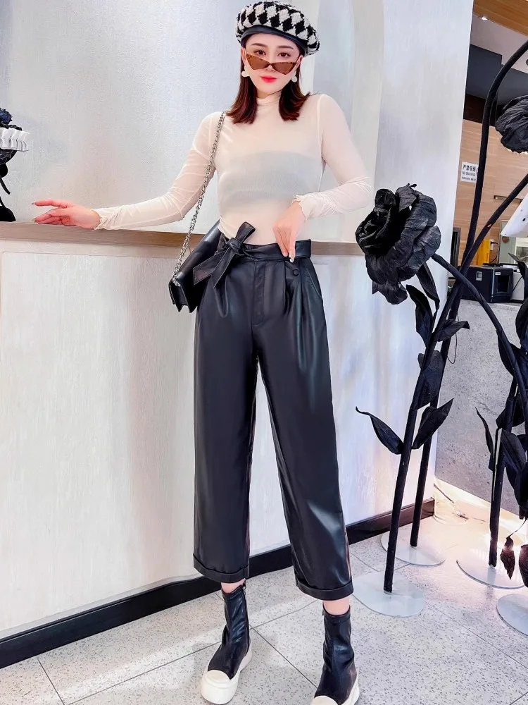 Office Ladies Elegant Real Sheepskin Straight Trousers High Waist Solid Color Fashion Lace Up Casual Women Genuine Leather Pants