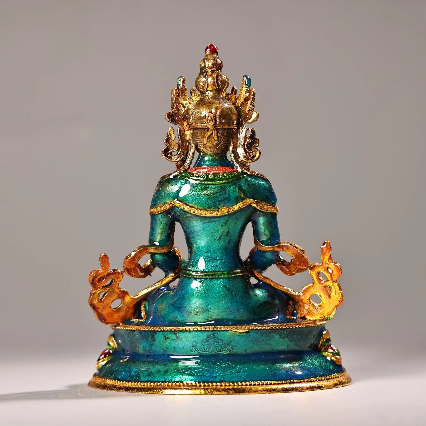 Nepal Tibet Pure Copper Cloisonné Gilt Amitayus Buddha Statue Home Altar Decor Collectible