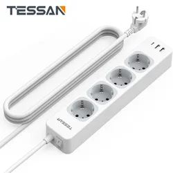 TESSAN Multiple Socket Power Strip with 4 Outlets +2 USB +1 Type C, Wall-mounted Electric Socket with 2M Extension Cord for Home