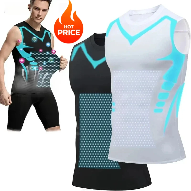 Men's Compression T-Shirts Tank Top Tummy Control Quick-dry Fitness Shirts Ionic Shaping Vest Ice-Silk Slimming Vest Body Shaper