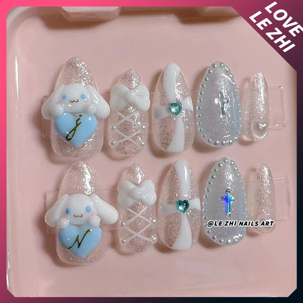 Sanrio Handmade 3D Hello Kitty Cinnamoroll Kuromi Handmade Press On Nails Bowknot Wings Pearl Diamond Wearable Full Cover Nails