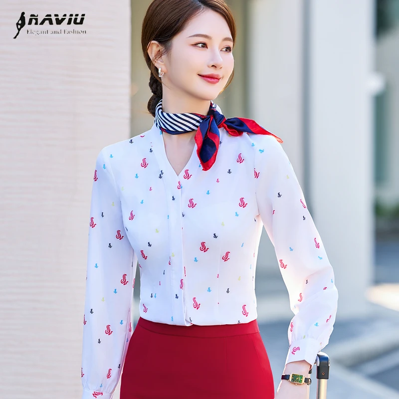 

NAVIU Spring Summer New Print Shirt For Women V Neck Long Sleeve Blouses Office Ladies Fashion OL Elegant Formal Tops White