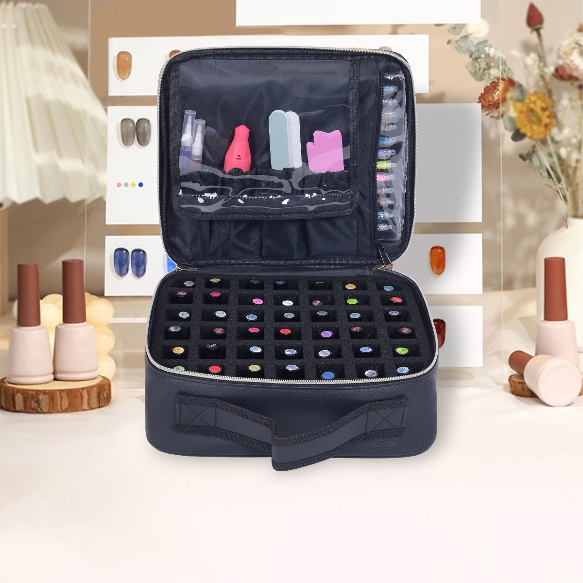 UOZL 42-Flaschen-Nagellack-Organizer, Hand-Nagellack-Aufbewahrungstasche aus PU-Leder, geeignet für Nagelkunstliebhaber und Maniküristen – Detail 2