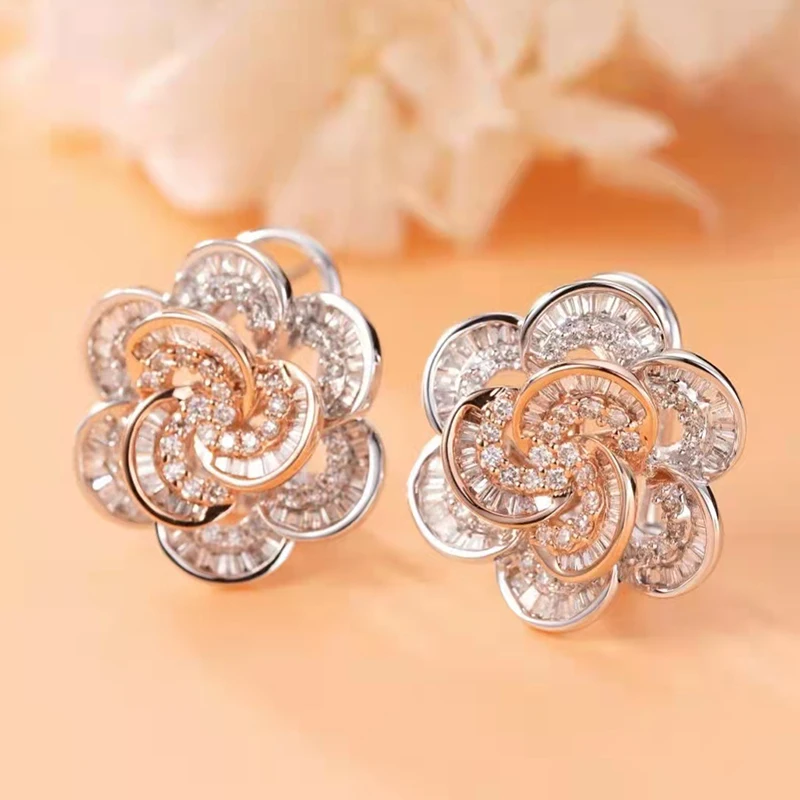 1.34Ct Natural Diamonds 18K White Gold Flower Earrings Party Fine Jewelry Women's Birthday Gift Au750