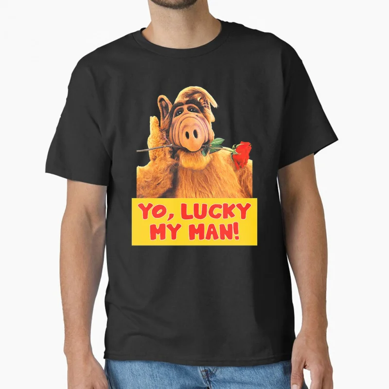 

alf lucky my man perfect gift tee 80s Retro movie Alienshow ALF 1986 scary halloween T shirt for cat lover Large size Tops S-6XL