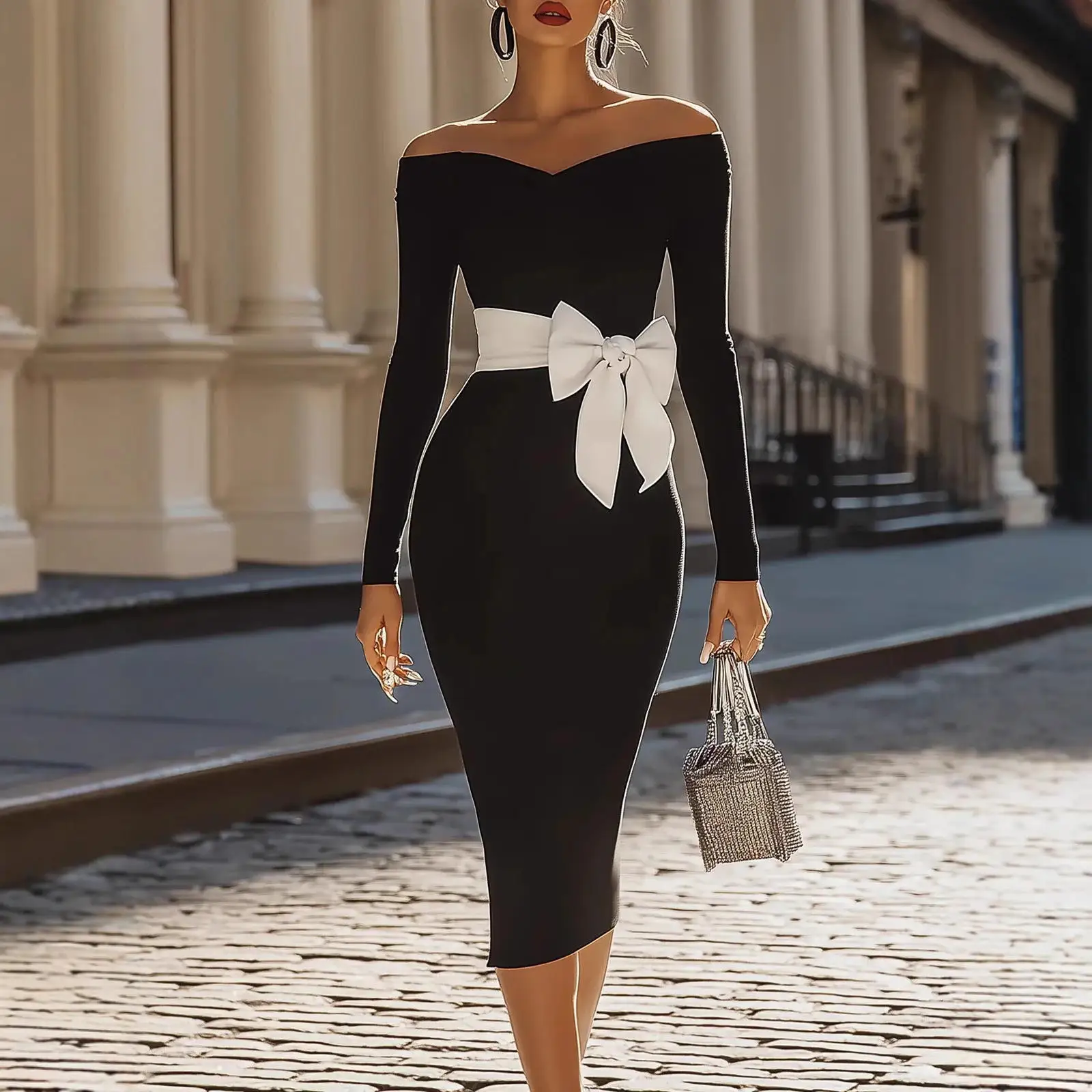 Nuovo 2025 Vita alta lunga Sve Colore puro Papillon Dr Gonna lunga aderente Colletto asimmetrico Poliestere Donna Dr