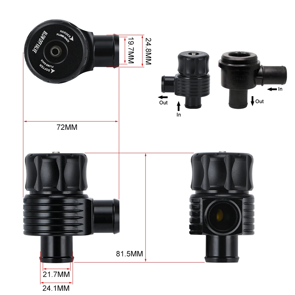 Czarny Auto Racing Turbo aluminiowy uniwersalny zawór wydmuchowy BOV 25mm 1.8T Turbo Wastegate bov z adapterem na zewnątrz VR5742BK — zdjęcie 7