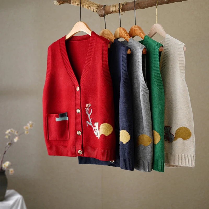 

Spring Autumn Red Knitted Animal Print Svel Open Cardigan Sle Loose Sweater for Women V-Ne Single Button Pure Color