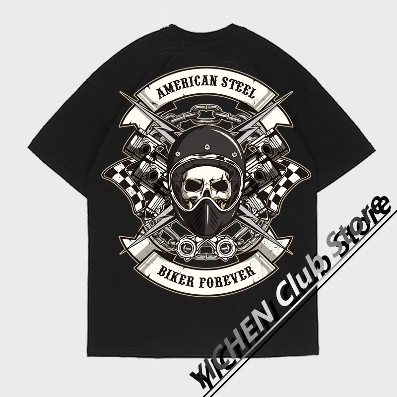 Harley Motorcycle Trend Brand Hell Rider Skull Printing Heavy Cotton Cycling Suit Personalized Loose Men\'s Short Sleeve T-Shirt