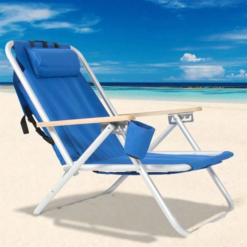 

High Strength Beach Chair Blue With Adjustable Headrest Foldable Lightweight For Beach Camping Picnic Outdoor Leisure Use