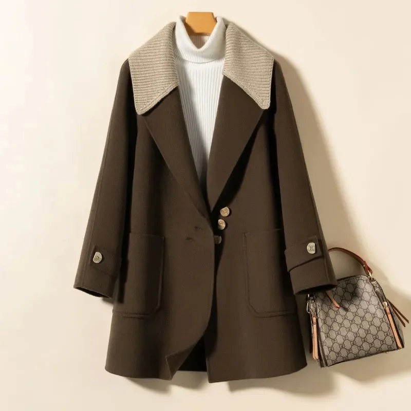 

Korean Femme Fashion Pocket Wool Coat Autumn Women Casual Long Sleeves Blend Outwear Ladies Large Size 4XL Loose Woolen Jacket