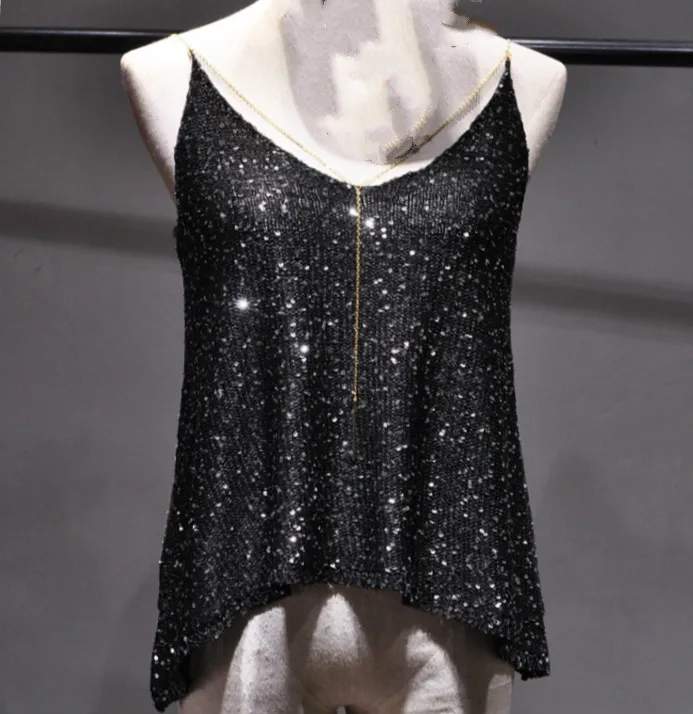 

0 Summer sexy V neck thin metallic chain strap camis women shiny gold sequined knitted camisole women shiny Vest tank tops