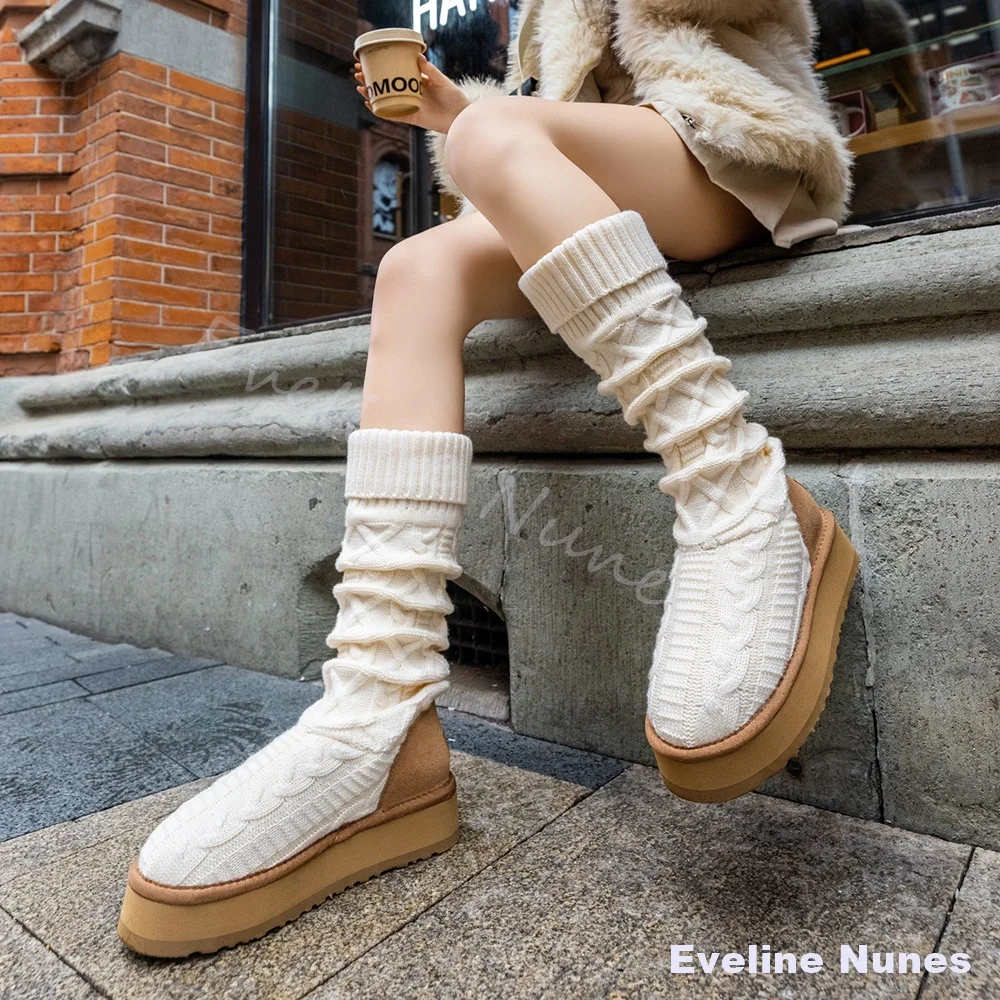 Cute Crochet White Knee High Boots Women Solid Round Toe Platform Slip On Yarn Snow Boots 2026 Winter New Warm Folding Boots