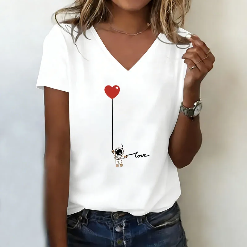 Cartoon Love T-shirt V Neck Casual Fashion T Shirts Harajuku Style Women Short Sleeve Tee Shirt V-Neck Summer Clothing