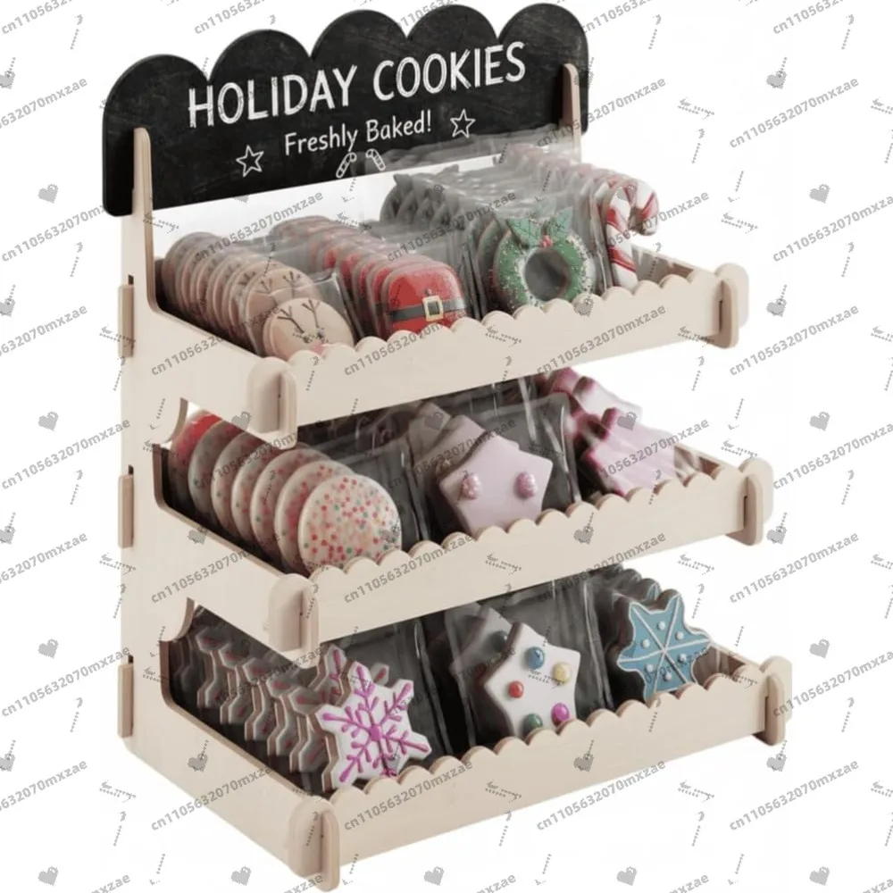 3-Tier Wooden Display Stand with Chalkboard Sign, Portable Cookie Cupcake Pastry Showcase for Bakery Shop Market Booth