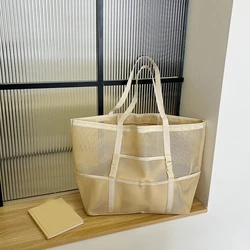 Large Capacity Canvas Beach bag Versatile Commuting Shopping Shoulder bag Lightweight Semi Transparent Mesh Hollow bag