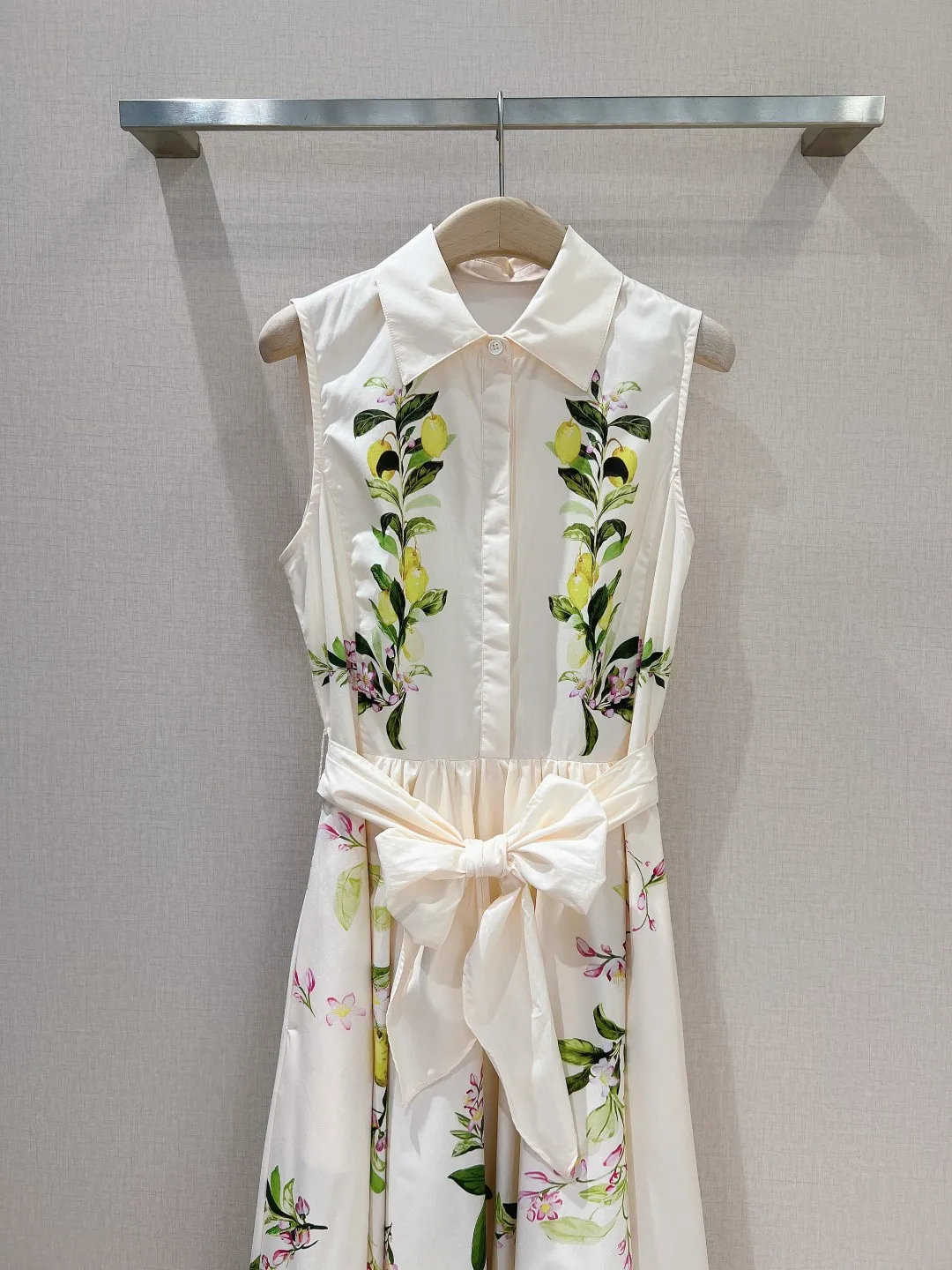 Cotton Self Bow Tie New Summer Sleeveless White Lemon Floral Position Print Vest Women Midi Dress