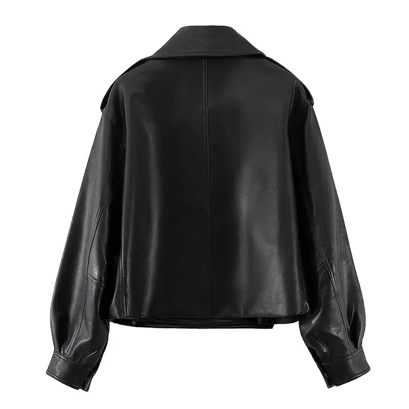 Vintage Moto Biker Mantel Oberbekleidung Weibliche Herbst 2025, Streetwear Frauen Faux Leder Mäntel Jacke Drehen Unten Kragen Taschen