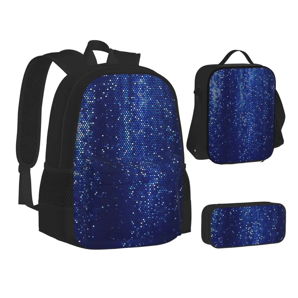 Abstract Cosmic Rain On Blue Blurred Background Backpacks Bookbag School Bags Kids Rucksack Lunch Bag Pen Bag Three-Piece Set