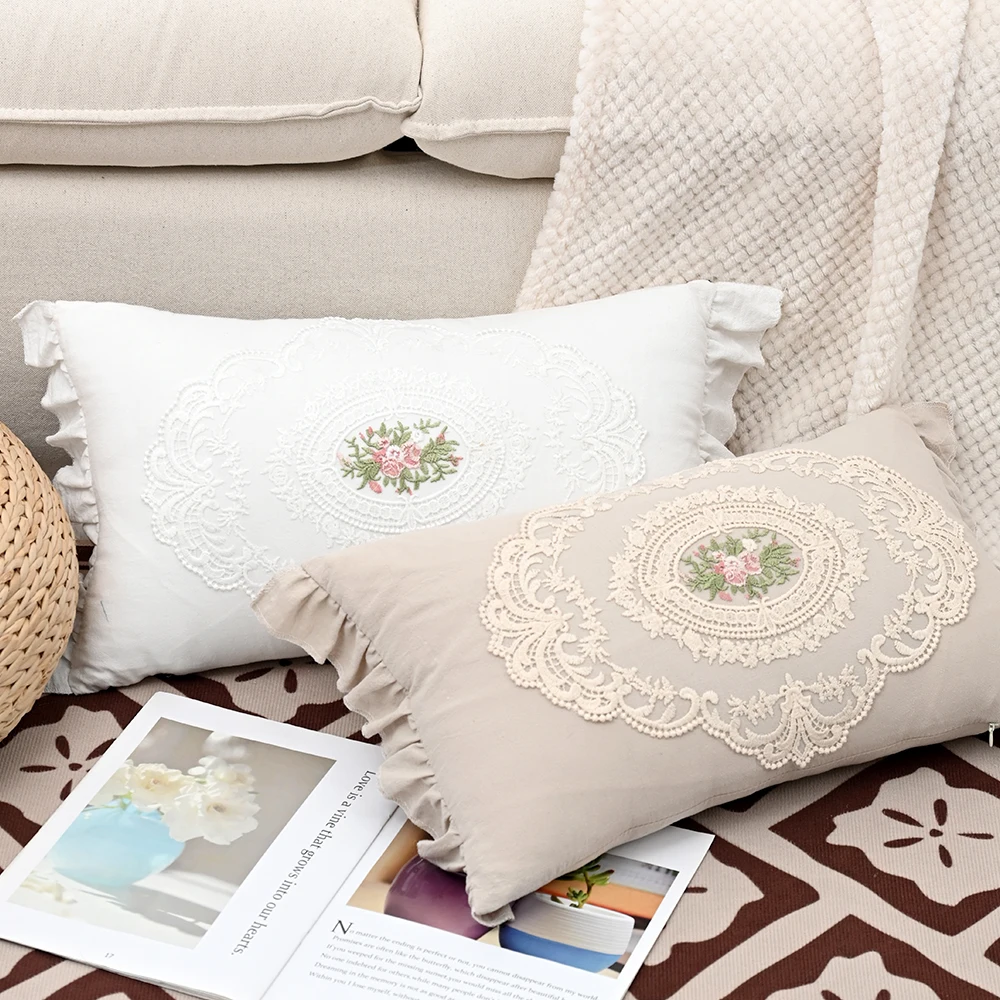 BUYNOW 1 Stück Blumen-Bestickter Spitzen-Kissenbezug Idyllischer Wohnzimmer-Sofa-Kissenbezug Heim-Schlafzimmer-Dekoration Cojines Para Sala – Detail 5