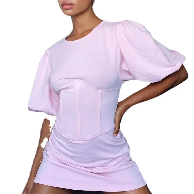 2024 New Fashion Summer Lantern Sleeve vita alta arruffato Slim Fishbone girocollo Pullover abiti da donna per le donne Party