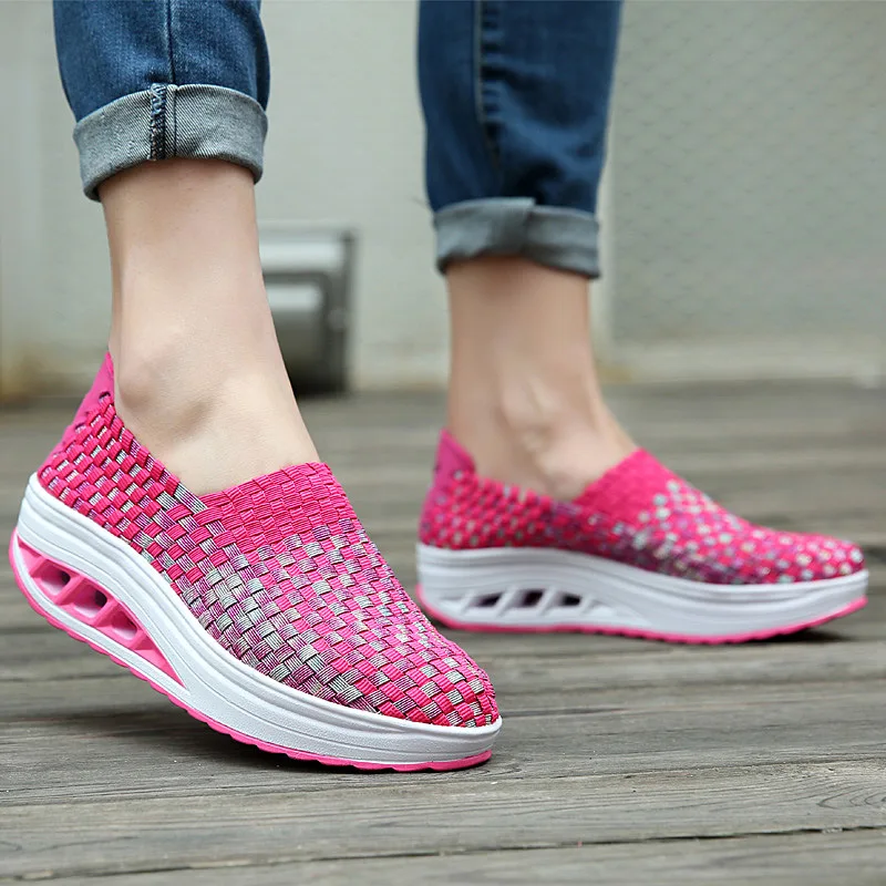 2023 Summer Women Sneakers Fashion Woven Breathable Platform Wedges Shoes Slip on Lightweight Thick Bottom Female Casual Shoes