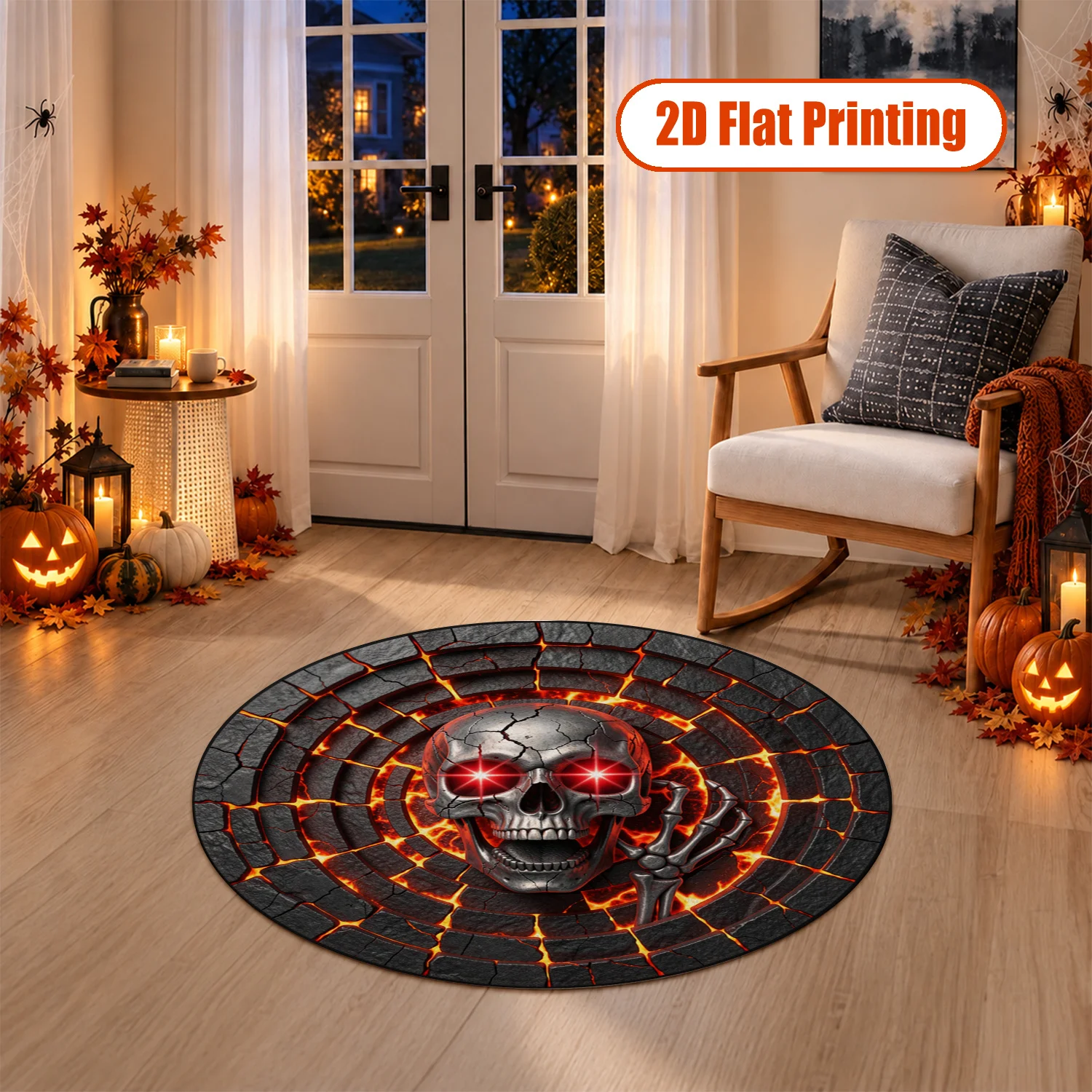 Fiery Skull Lava Print Round Velvet Rug Machine Washable for Living Room Bedroom Entryway Dining Room Halloween Thanksgiving Black Friday Cyber Monday Christmas New Year
