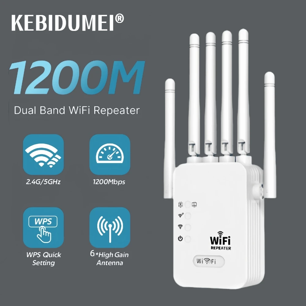 Repetidor WiFi inalámbrico AC1200, amplificador de red de doble banda de 2,4G/5G, enrutador de señal de largo alcance