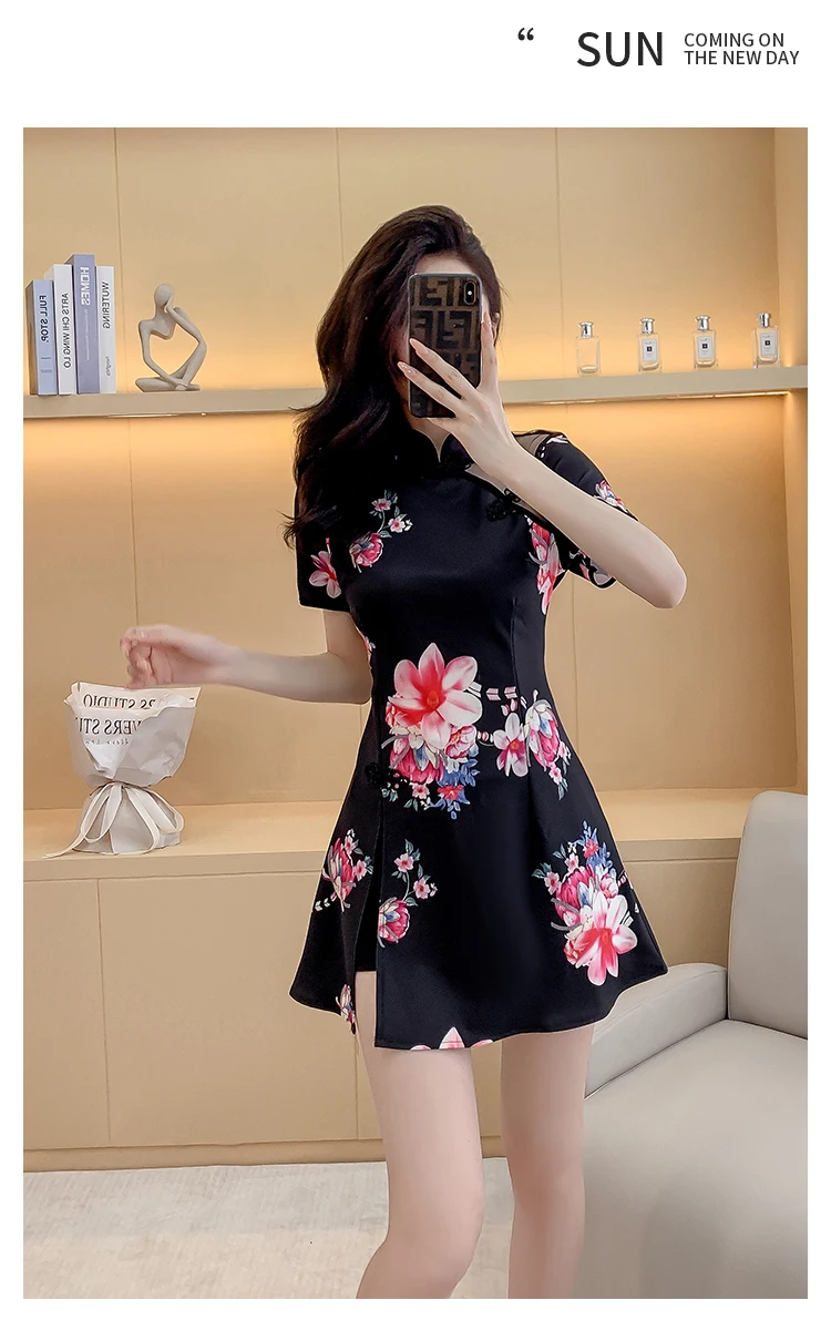 Imagem -03 - Conjunto de Duas Peças de Verão Feminino Elegante Estampa Floral Conjuntos de Shorts e Vestidos de Manga Curta Trajes Cheongsam das Senhoras Chinesas Novo 2024