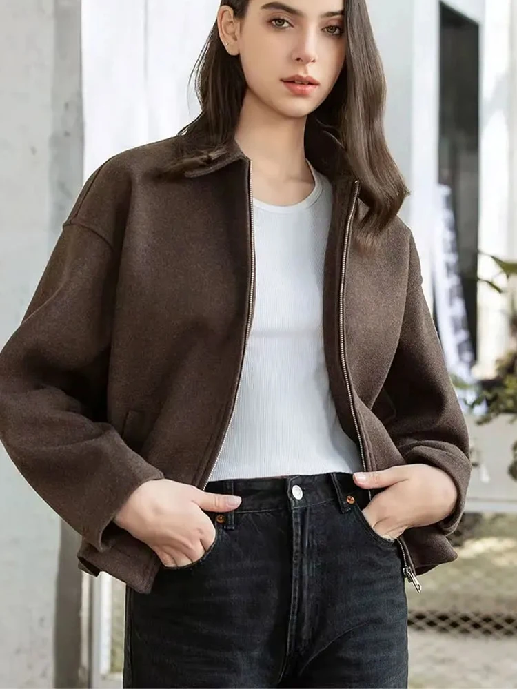 HH 2025 Women\'s Spring Fashion New Solid Color Casual Woolen Coat Retro Lapel Zipper Pocket Coat Elegant Women\'s Street Wear