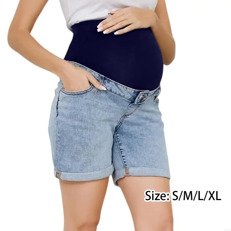 Elastische Überbauch-Schwangerschafts-Jeans-Shorts, gerollter Saum, atmungsaktiv, bequem für werdende Mütter, tägliches Tragen – Detail 1