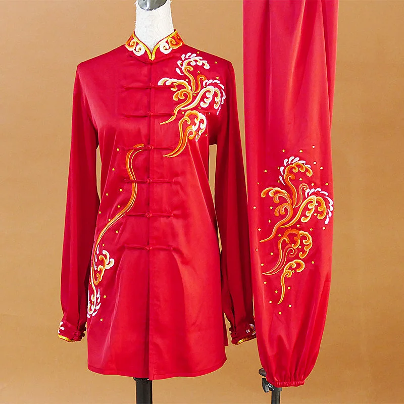 Auspicious Cloud Embroidery Tai Chi Uniform Kung Fu Practice Suit Men Women Team Performance Red Long Sleeve Mid-Length Custom