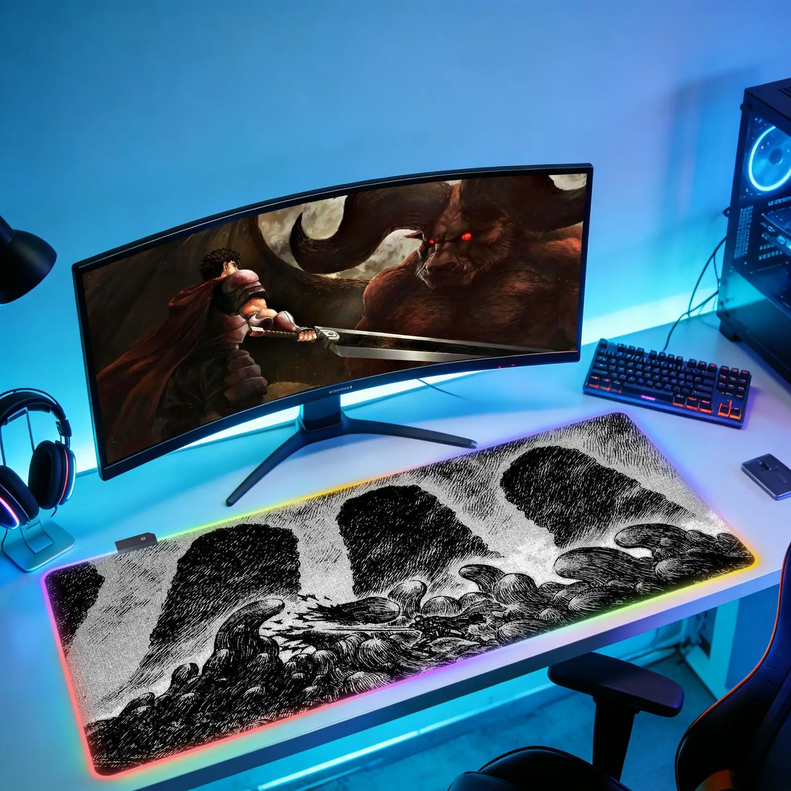 

Коврик для мыши Berserk New RGB XXL, для дома и офиса, из натурального каучука, противоскользящий, для игр.