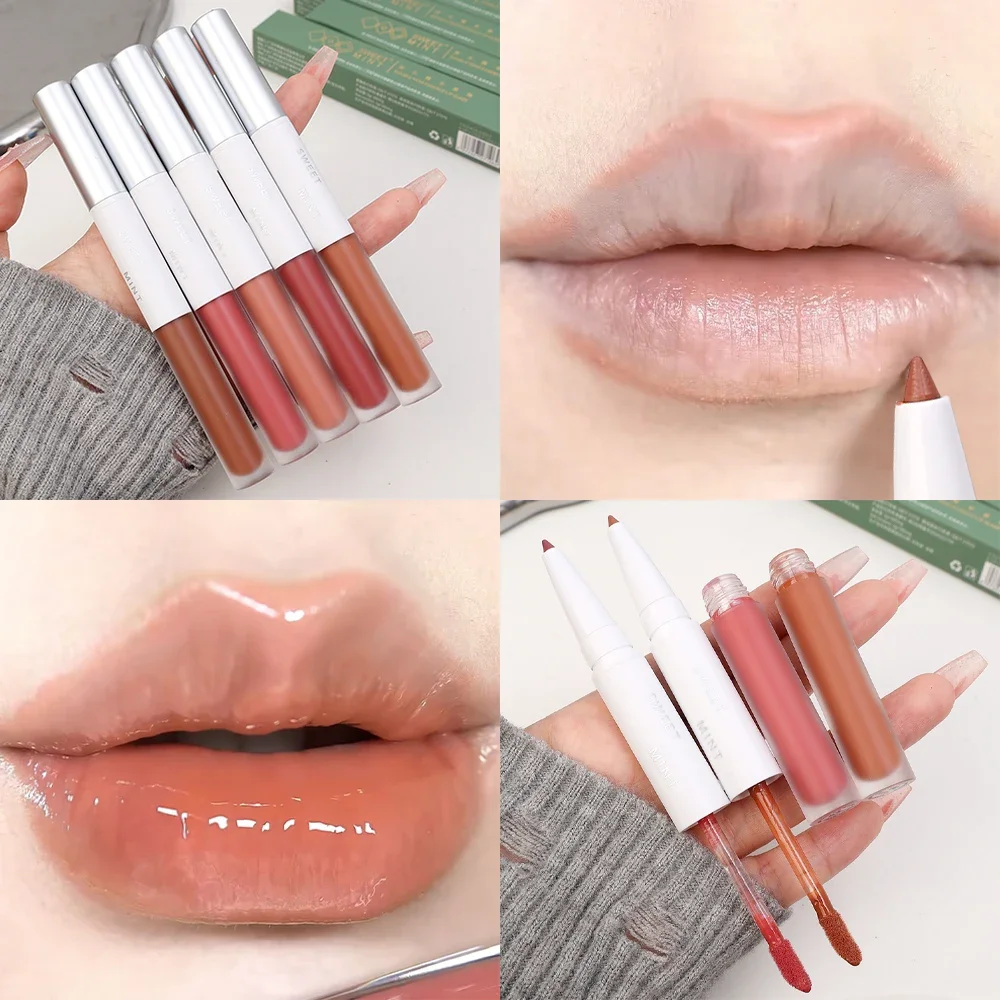 Lip Gloss Lip Liner 2 in 1 Double Ended Mirror Moisturising Liquid Lipstick Long Lasting Matte Smooth Lipliner Contouring Makeup