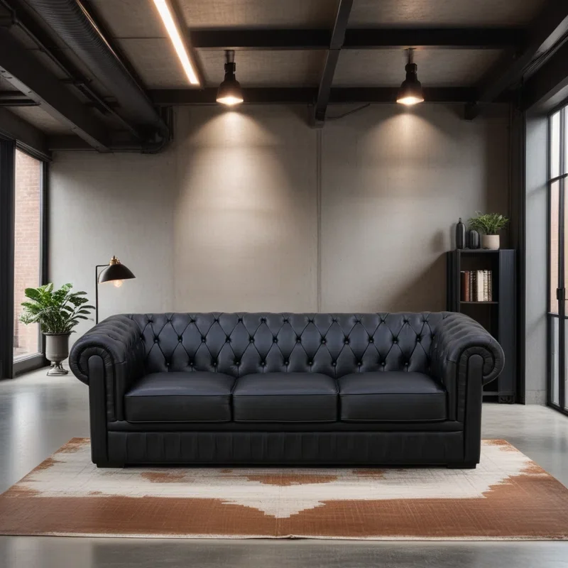 

American Retro Black PU Leather Button Sofa Set Combination Corner for Reception Club Office Hotel Apartment Villa Sponge
