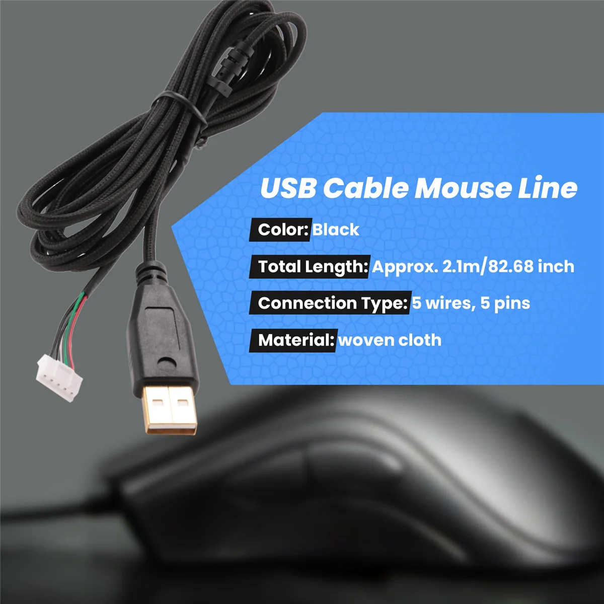 Kabel Usb myszy linii dla Razer Deathadder 2013 ok. 2.1M 5 przewodów 5 pinów czarna pozłacana zastępcza mysz do gier