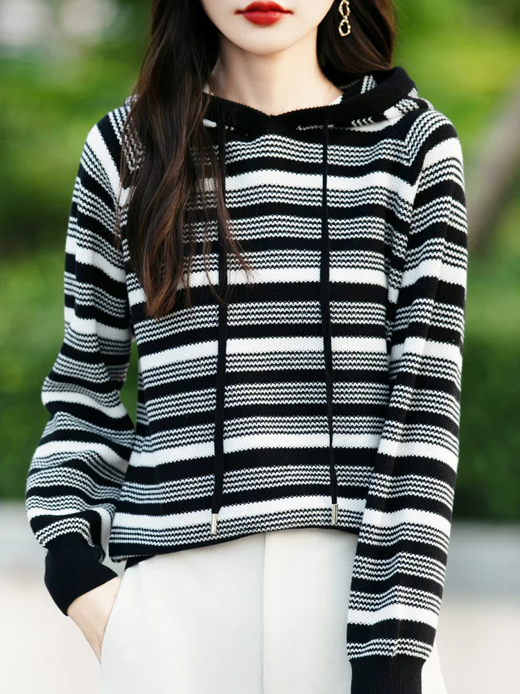 Spring Autumn New 100% Cotton Sweater Women\'s Hooded Knitted Pullover Fashion Striped Loose Large Top Long Sleeve Fashion Korean