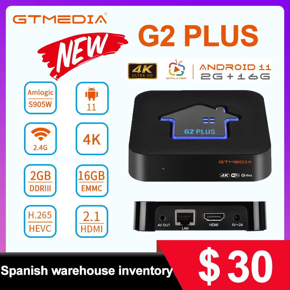 

GTMEDIA G2 PLUS Android 11 TV BOX Amlogic S905W2 2+16G HW UHD 4K H.265/VP9 60fps 10-bit video decoder System is GT UI GTPlayer