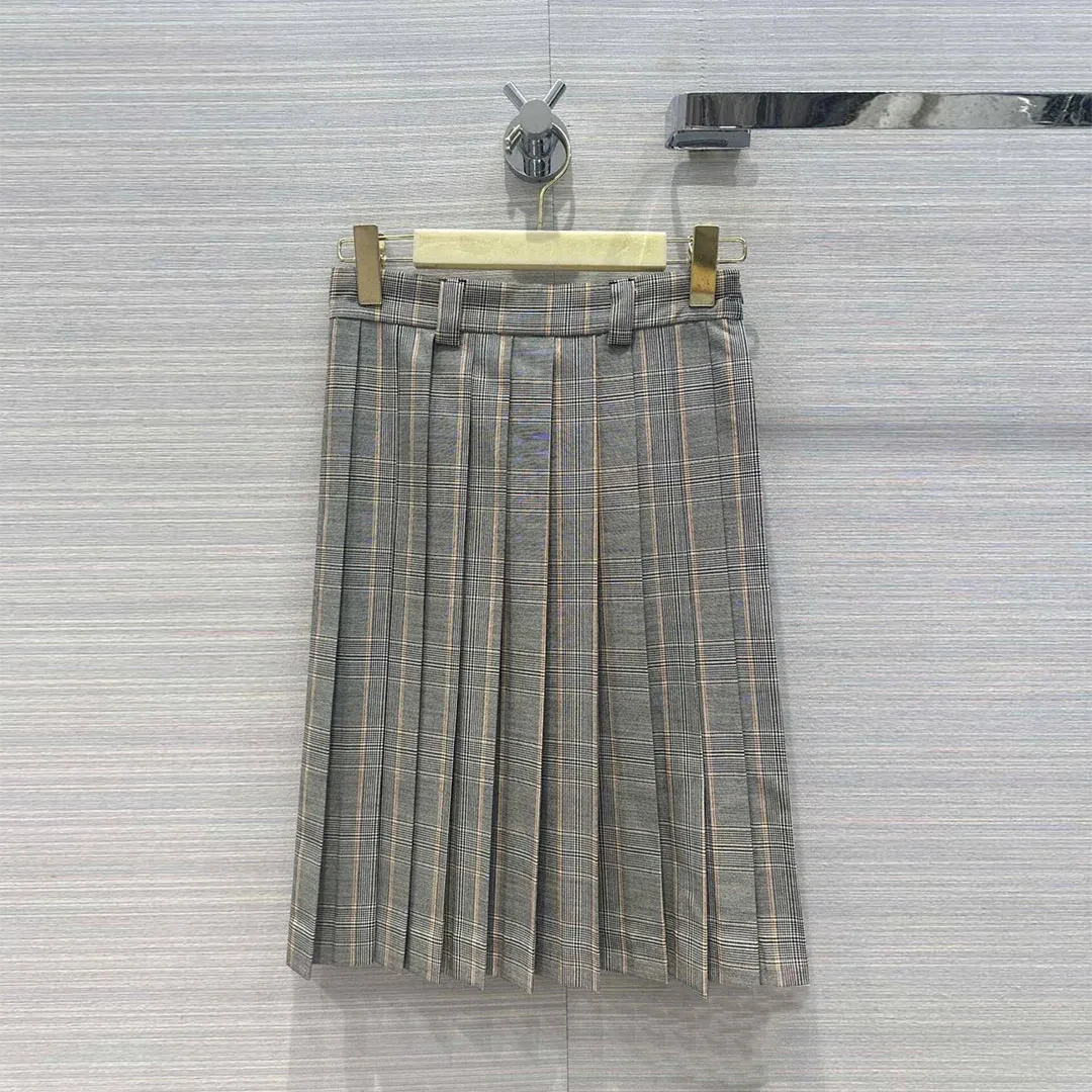 

2024 New Autumn Wool Blends Gray Plaid Pleated Skirts Womens High Waist Preppy Style Sweet Girl Long Skirt